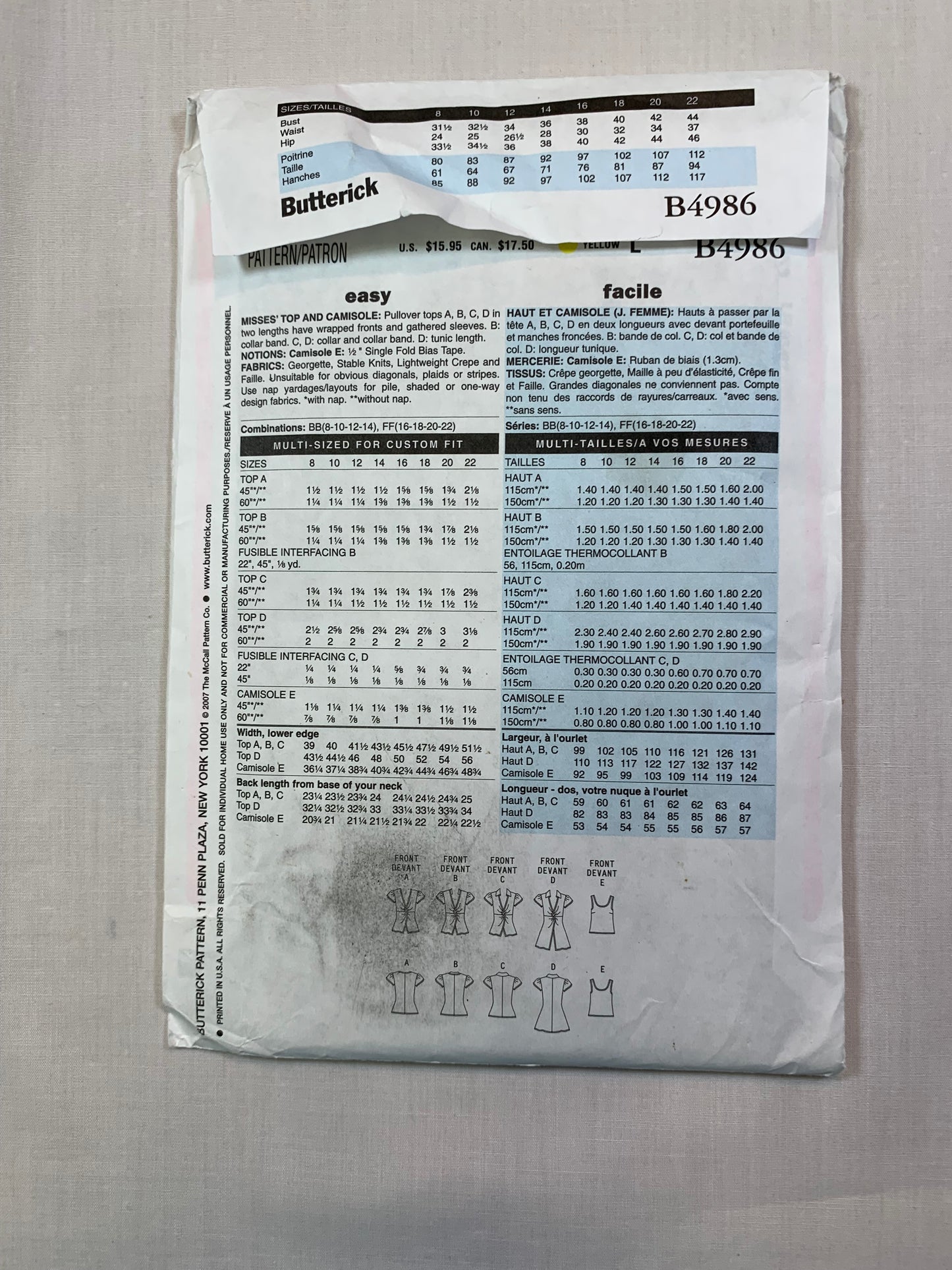 Butterick B4986 Misses' Top, Camisole, Size 8-14, Uncut, 2007