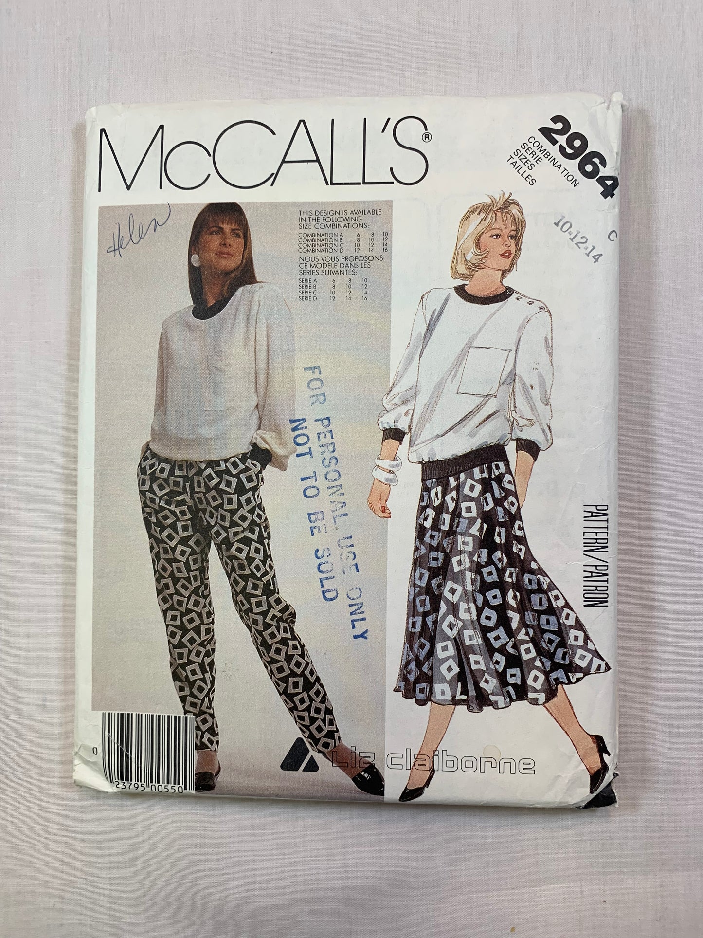 McCall's 2964 Misses' Top, Skirt, Pants, Size 10-14, Cut, Vintage 1987