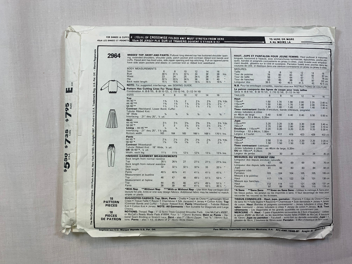 McCall's 2964 Misses' Top, Skirt, Pants, Size 10-14, Cut, Vintage 1987