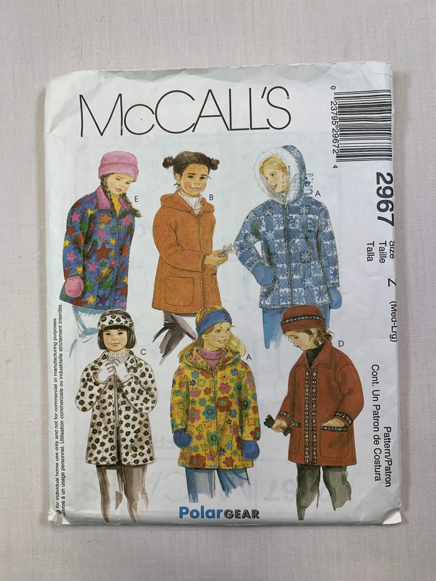 McCall's 2967 Children's, Girls' Jacket, Hat, Headband, Mittens, Size 7-12, Cut, 2000