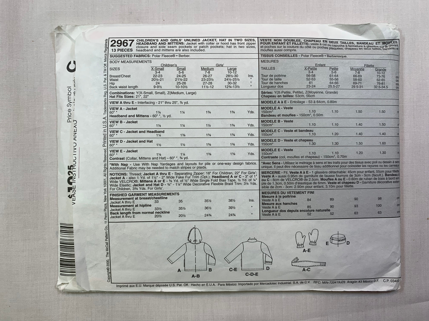 McCall's 2967 Children's, Girls' Jacket, Hat, Headband, Mittens, Size 7-12, Cut, 2000