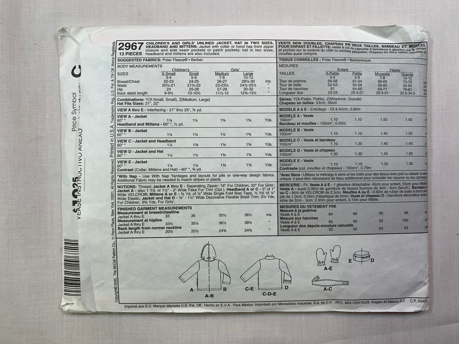McCall's 2967 Children's, Girls' Jacket, Hat, Headband, Mittens, Size 7-12, Cut, 2000