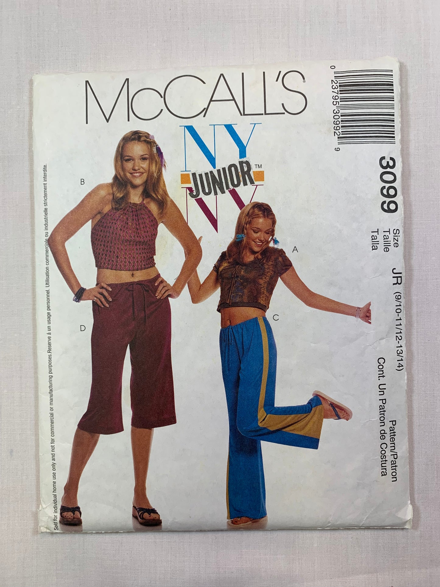 McCall's 3099 Misses' Junior, Top, Pants, Size 9/10-13/14, Uncut, 2001