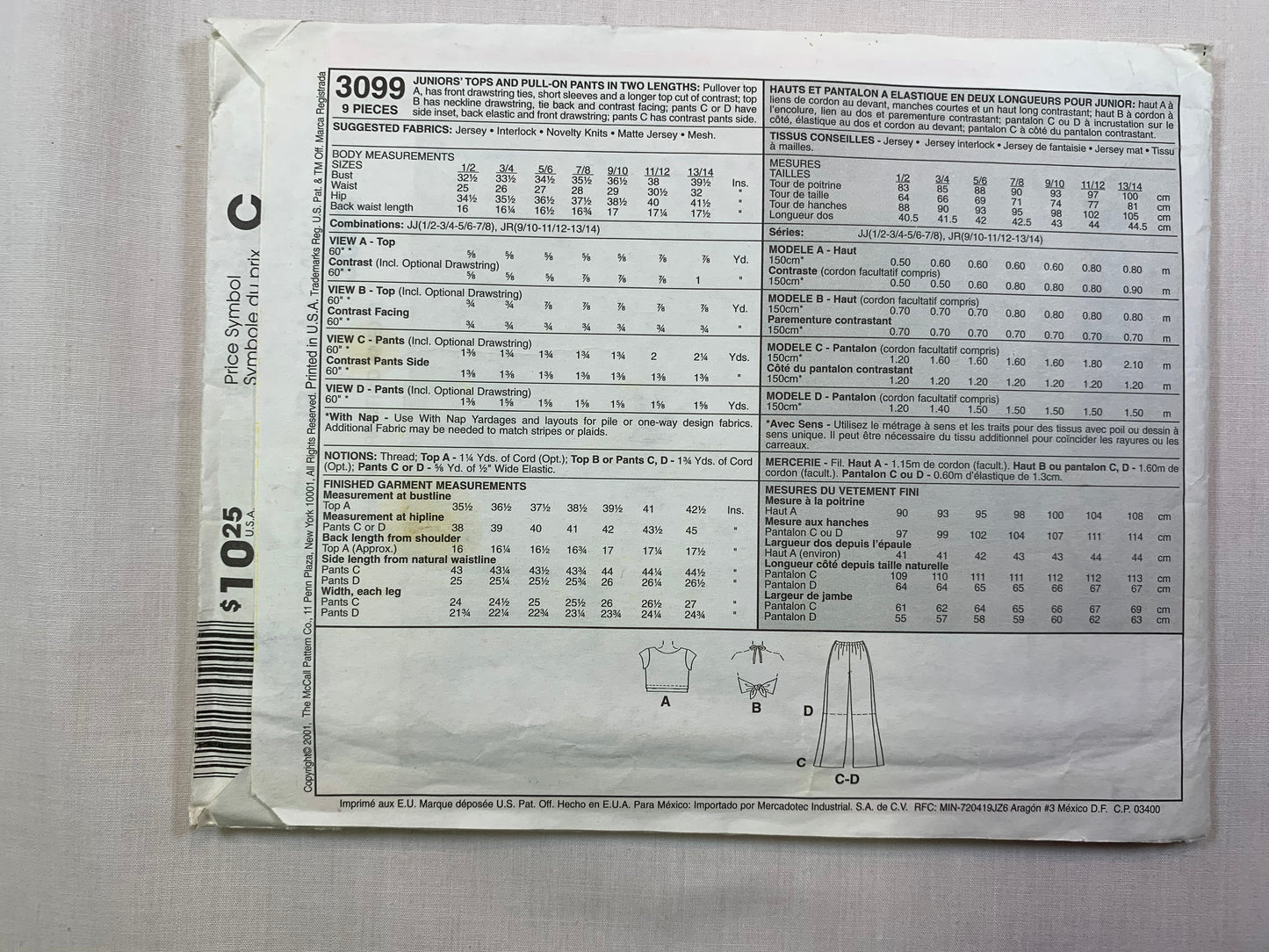 McCall's 3099 Misses' Junior, Top, Pants, Size 9/10-13/14, Uncut, 2001