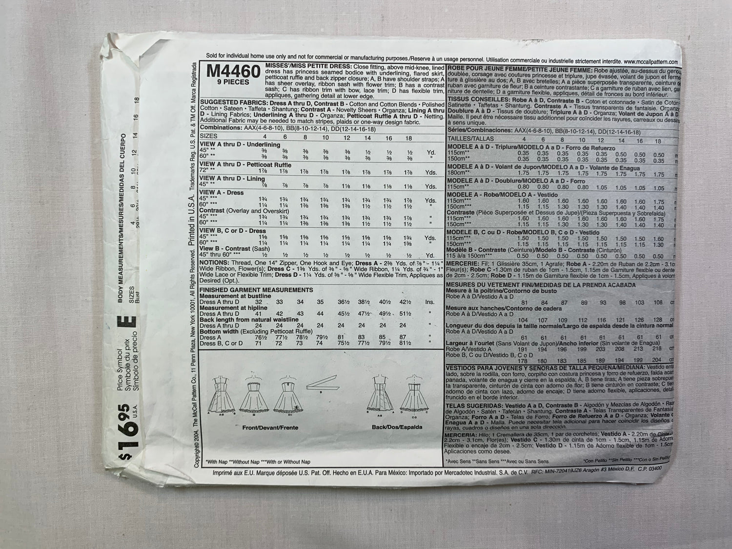 McCall's M4460 Misses'/Miss Petite Dresses, Size 12-18, Uncut, 2004