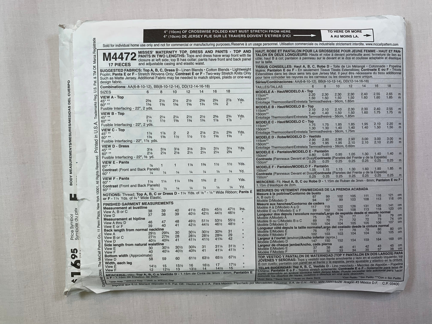 McCall's M4472 Misses' Maternity Dress, Top, Pants, Size 12-18, Cut, 2004