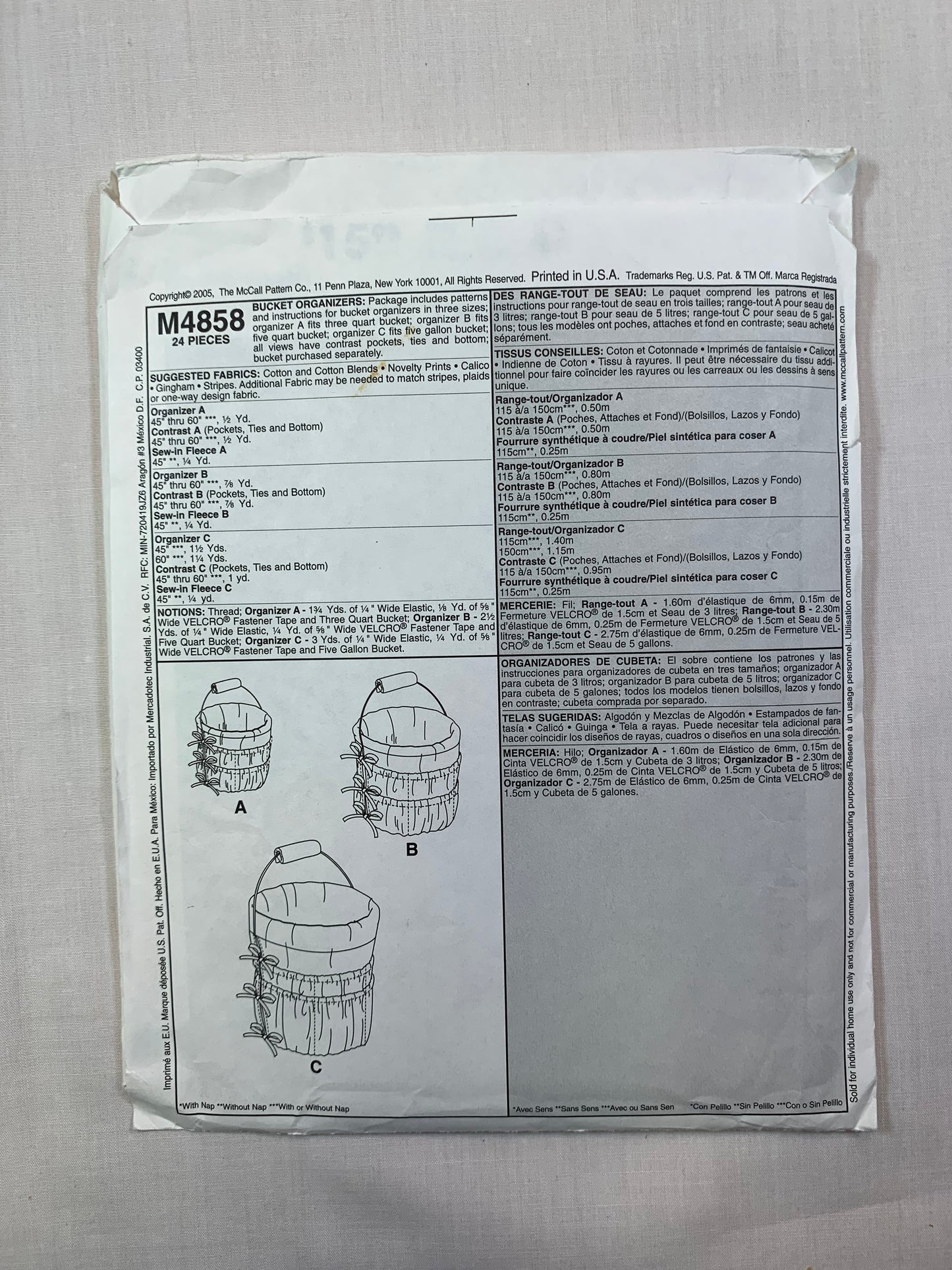 McCall's M4858 Crafts Bucket Organizers, Uncut, 2005