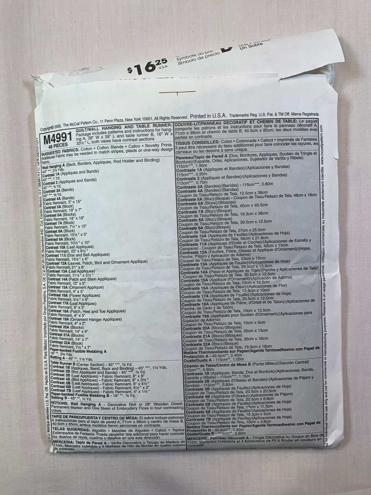 McCall's M4991 Crafts, Home Decor, Quilt, Wall Hanging, Table Runner, Christmas, Uncut, 2006
