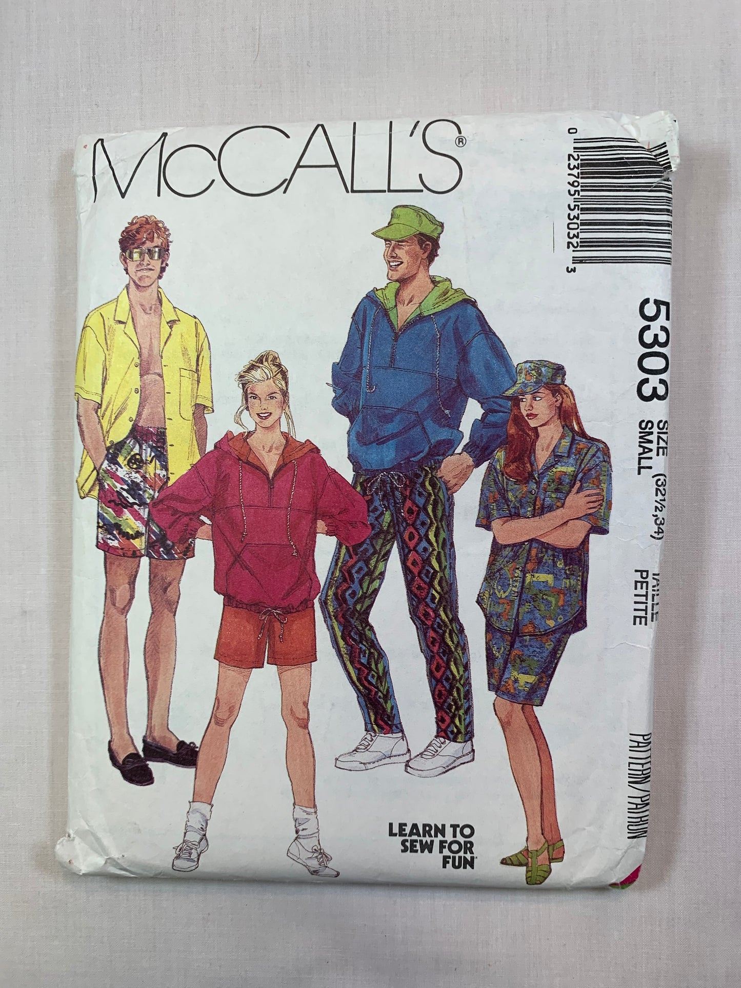 McCall's 5303 Misses', Men's, Teens' Sweatshirt, Shirt, Pants, Shorts, Hat, Size 32 1/2-34, Uncut, Vintage 1991