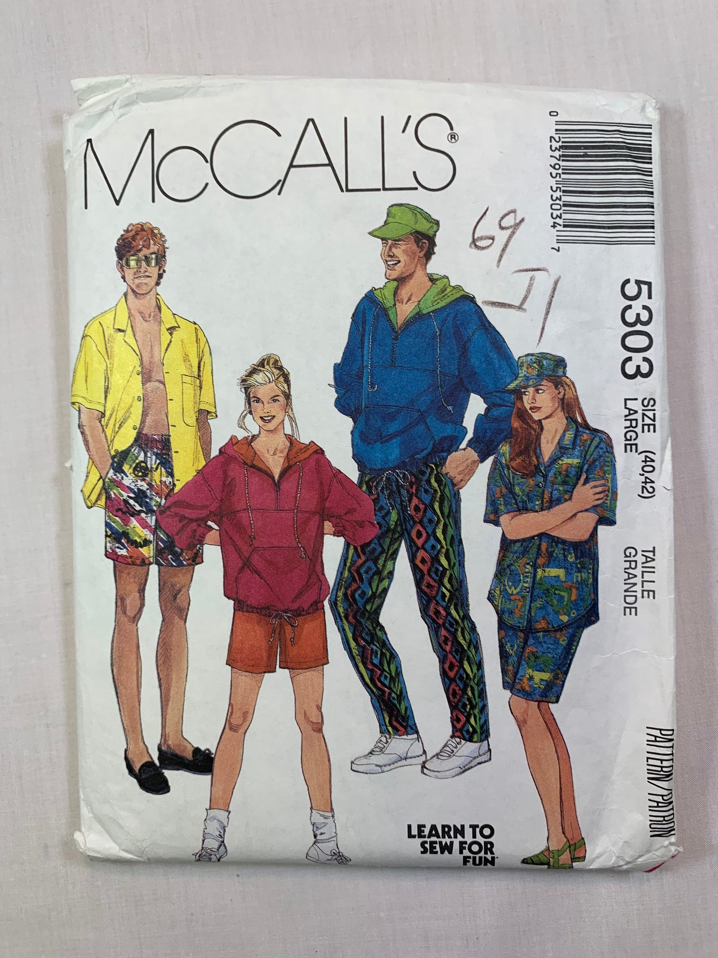 McCall's 5303 Misses', Men's, Teens' Sweatshirt, Shirt, Pants, Shorts, Hat, Size 40-42, Uncut, Vintage 1991