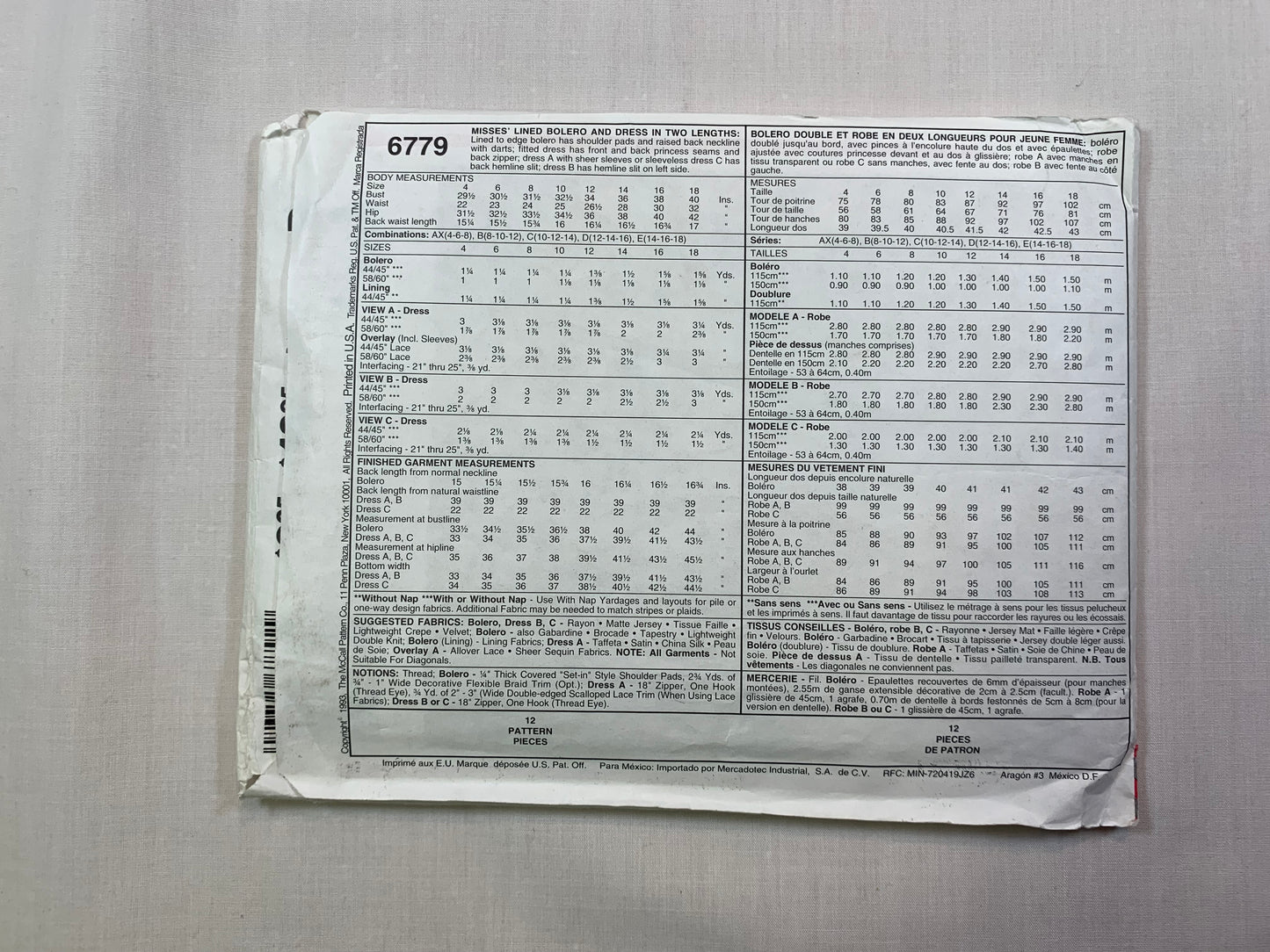 McCall's 6779 Misses' Dresses, Bolero, Size 8-12, Uncut, Vintage 1993