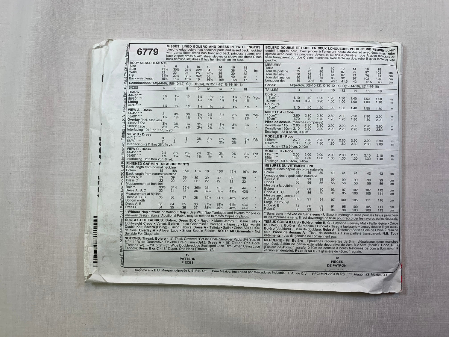 McCall's 6779 Misses' Dresses, Bolero, Size 8-12, Uncut, Vintage 1993