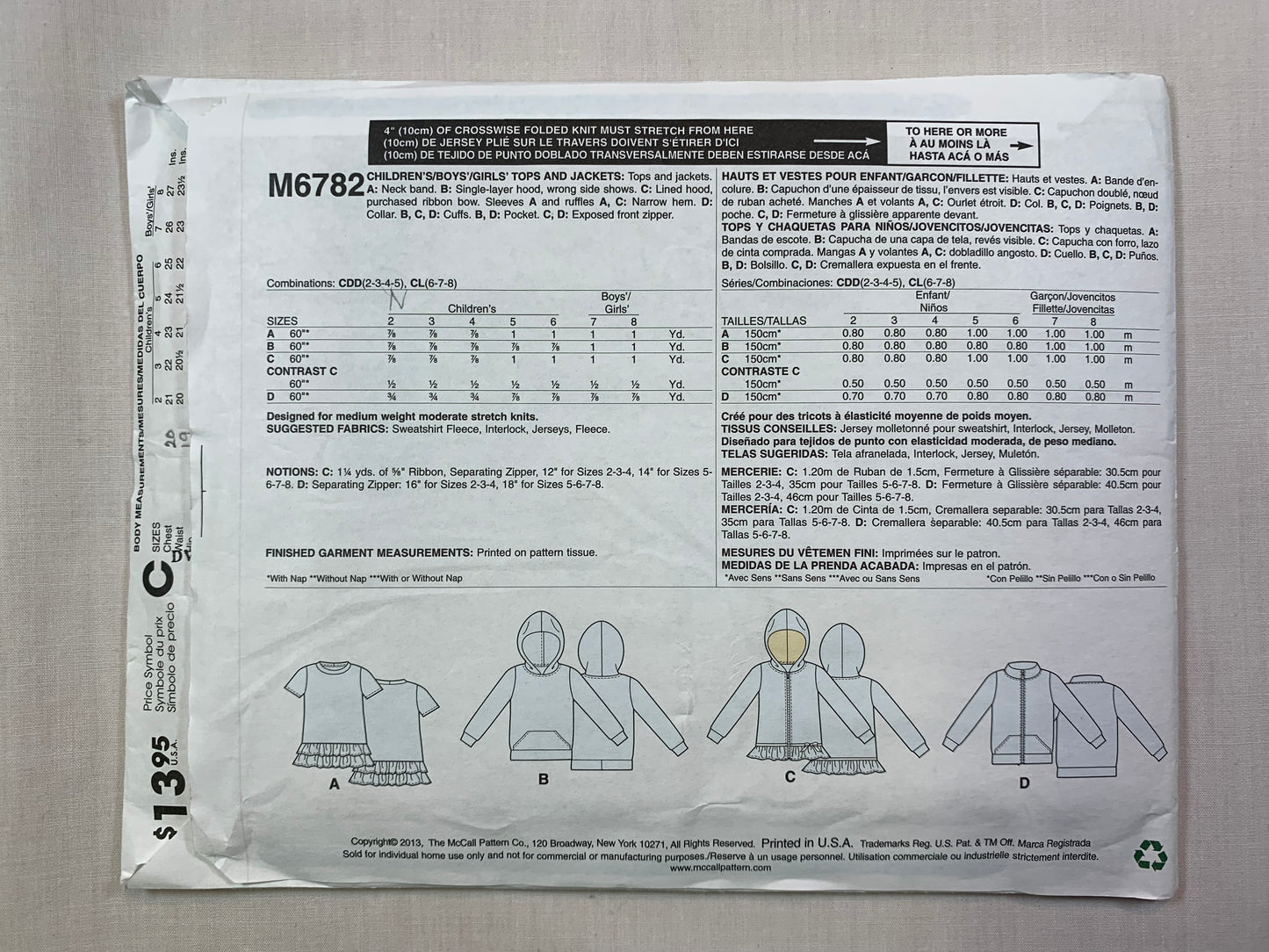 McCall's M6782 Boys' Girls' Jackets, Tops, Size 2-5 Cut, 2013