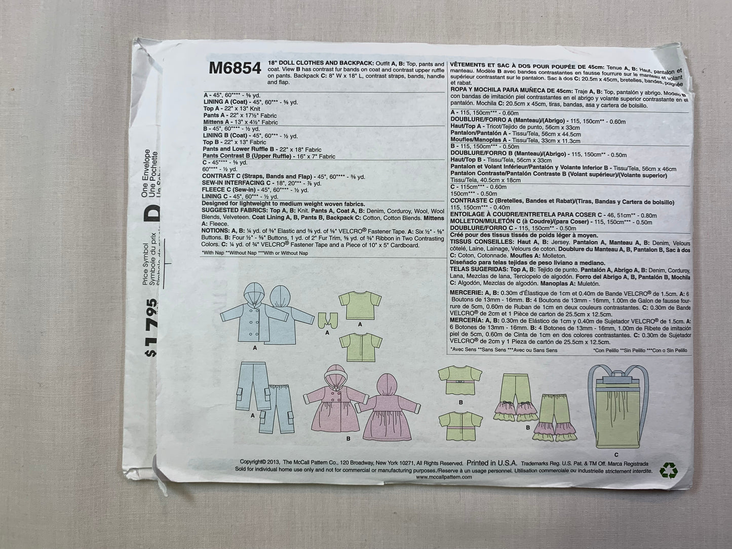 McCall's M6854 Crafts Doll Clothes, Size 18" Dolls, Backpack, Uncut, 2013