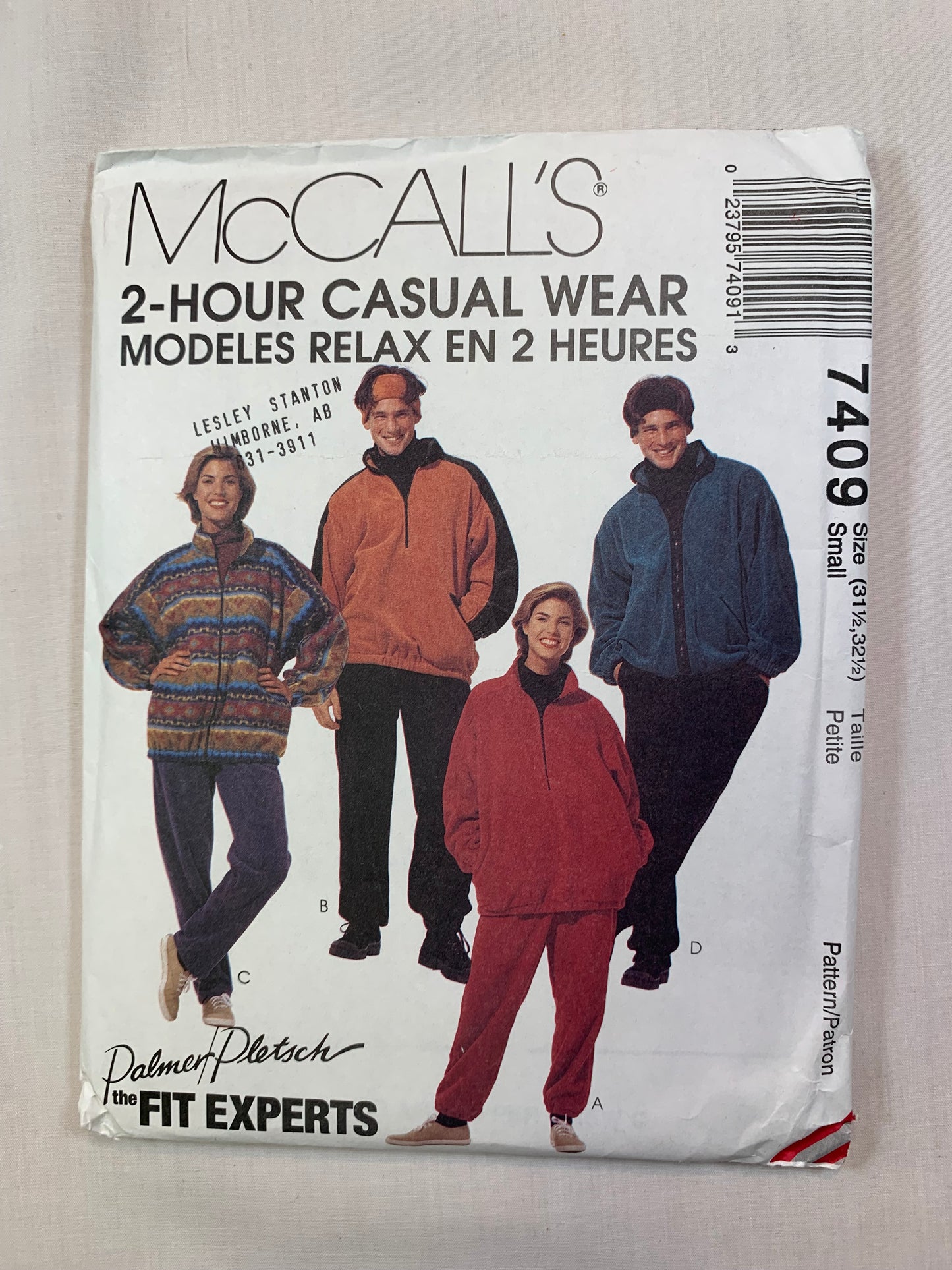 McCall's 7409 Misses' Men's Unlined Jacket, Top, Pants, Headband, Size 31 1/2-32 1/2, Uncut, Vintage 1994