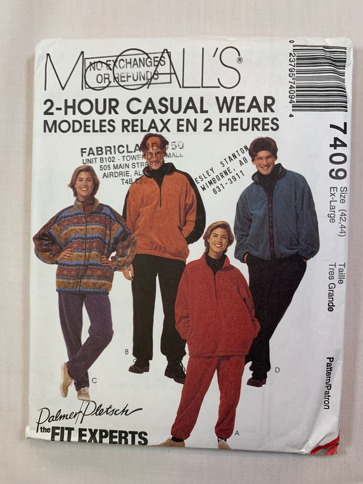 McCall's 7409 Misses' Men's Unlined Jacket, Top, Pants, Headband, Size 42-44, Uncut, Vintage 1994