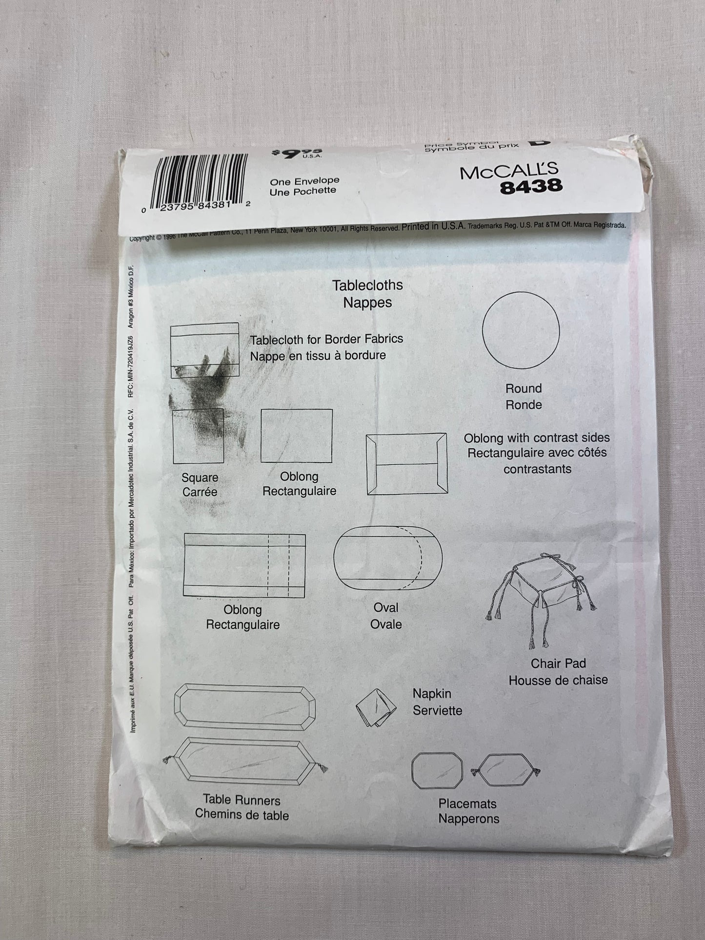 McCall's Sewing Pattern 8438 Home Decor Dining Essentials, Tablecloths, Chair Pad, Napkin, Placemats Table Runners, Uncut, Vintage 1996