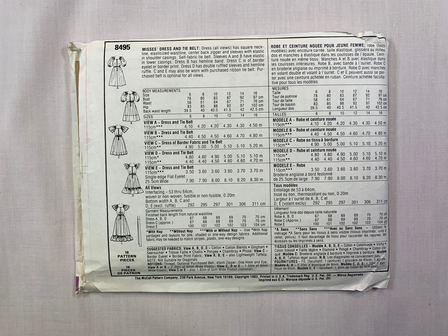 McCall's 8495 Misses' Dress, Tie Belt, Size 6, Cut, Vintage 1983