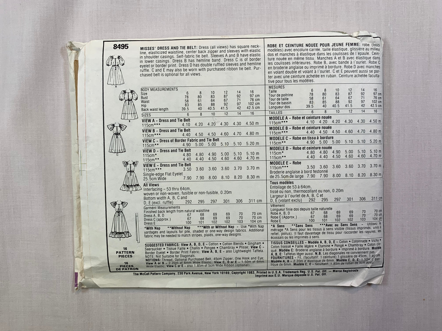 McCall's 8495 Misses' Dress, Tie Belt, Size 6, Cut, Vintage 1983