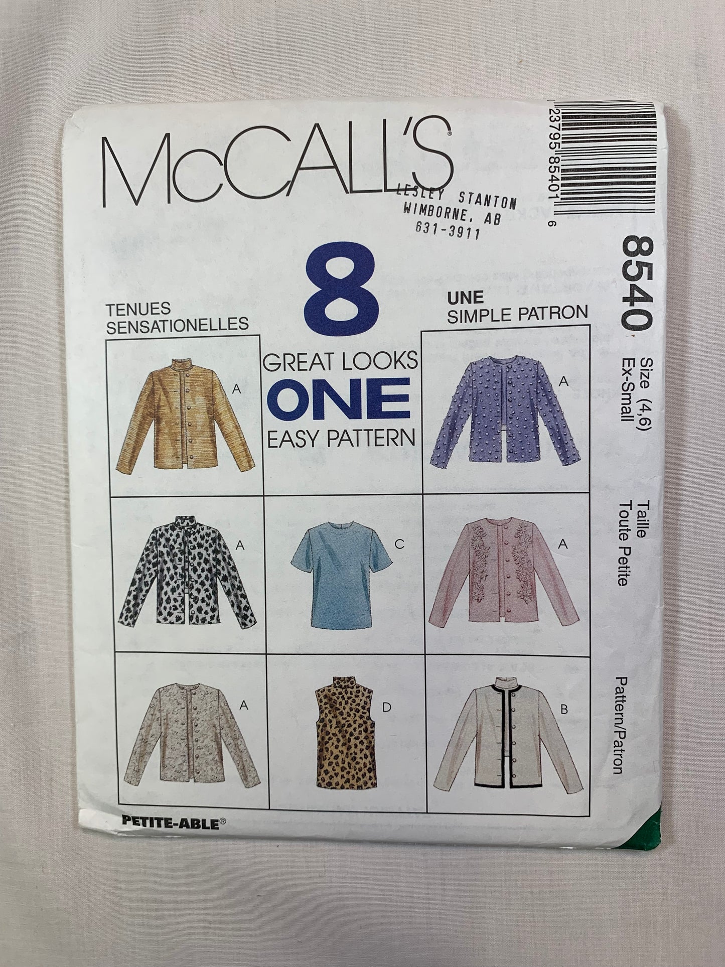 McCall's 8540 Misses' Unlined Jacket, Top, Size 4-6, Uncut, Vintage 1996