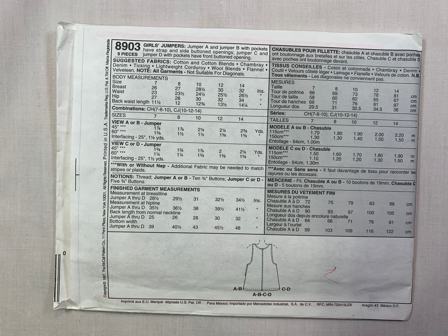 McCall's 8903 Girls' Jumper, Size 7-10, Uncut, Vintage 1997