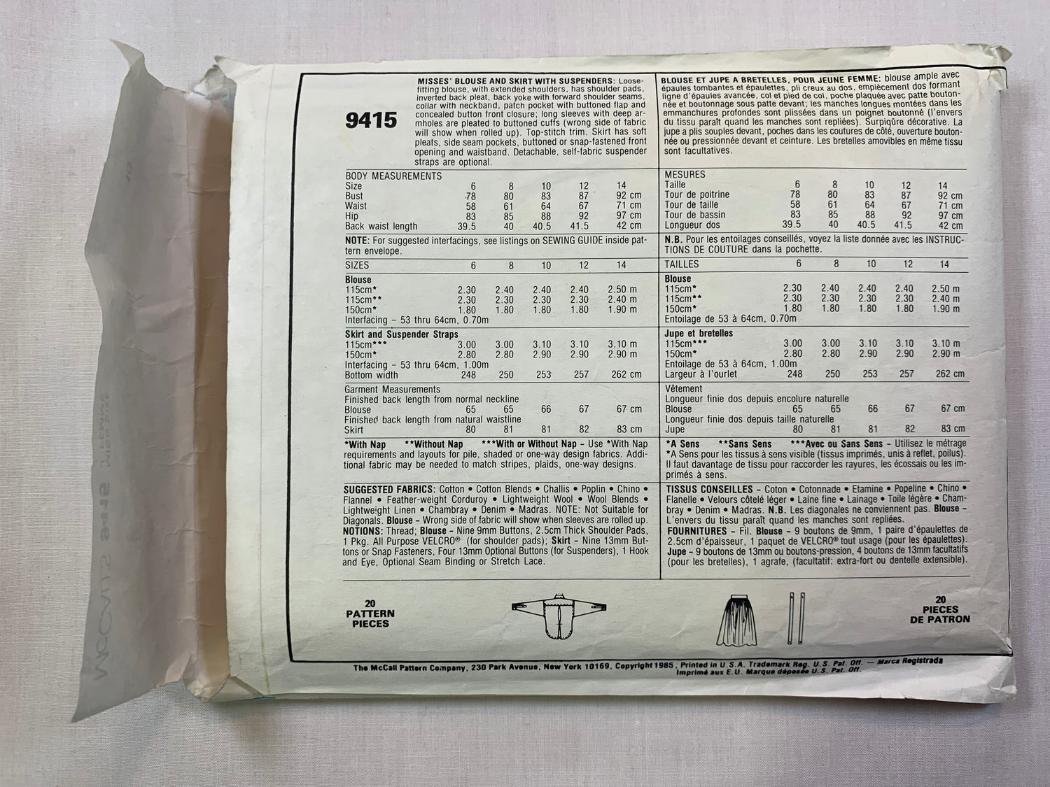 McCall's 9415 Blouse, Skirt, Suspenders, Size 10, Cut, Vintage 1985