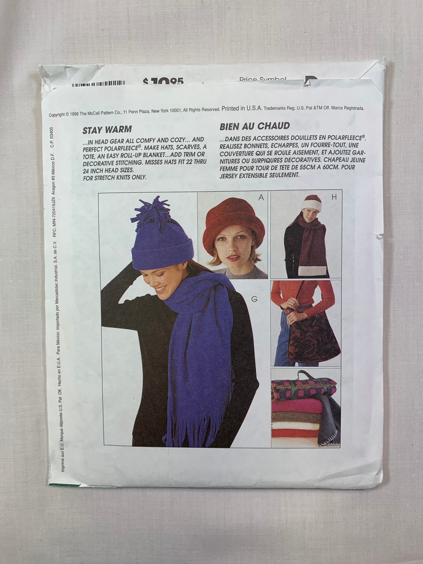 McCall's 9551 Misses' Teens' Fashion Accessories, Hats, Scarves, Tote, Blanket, Uncut, Vintage 1998