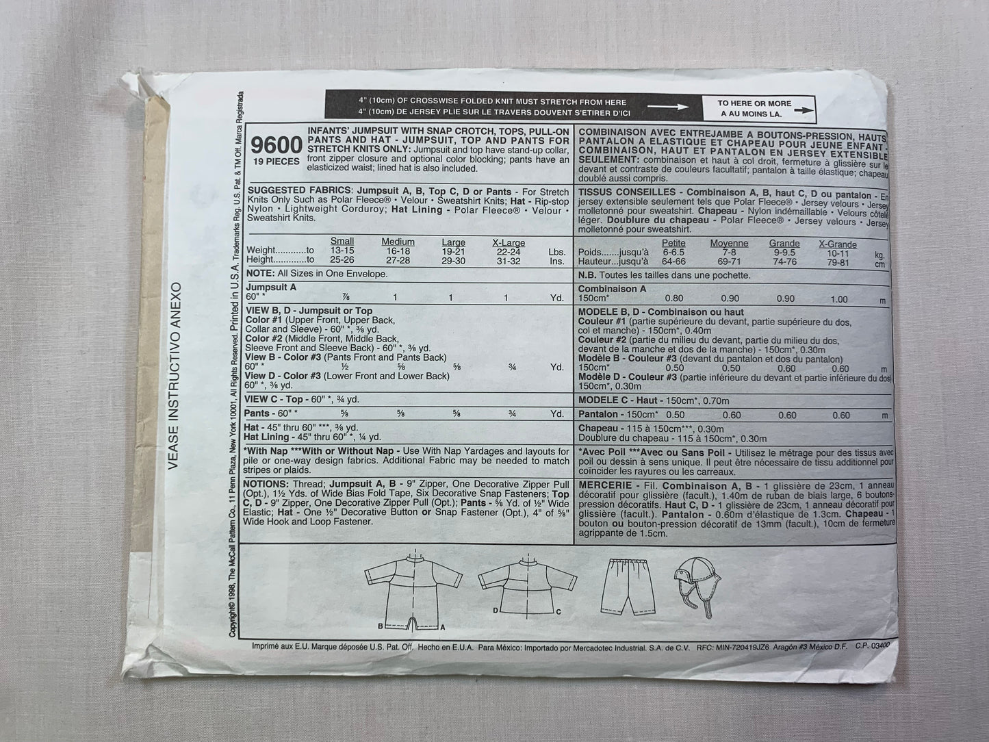 McCall's 9600 Infants' Top, Pants, Hat, Jumpsuit, Size 13-24 Pounds, Cut, Vintage 1998