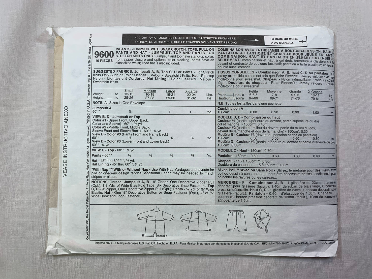 McCall's 9600 Infants' Top, Pants, Hat, Jumpsuit, Size 13-24 Pounds, Cut, Vintage 1998
