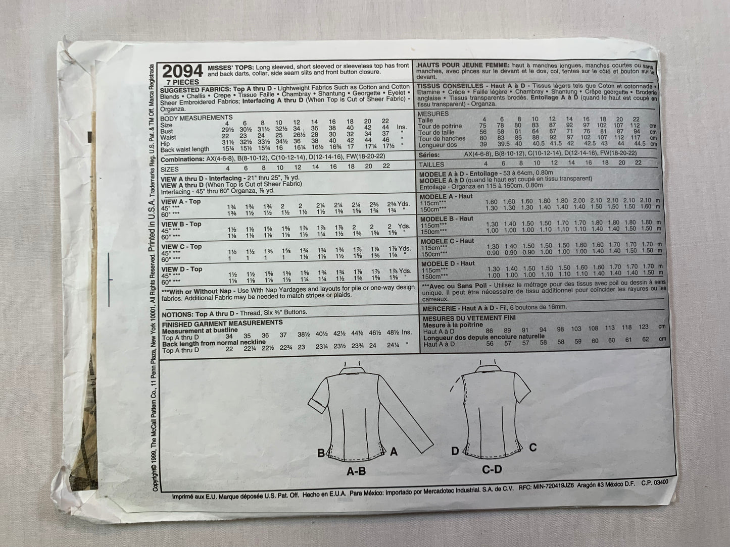 McCall's Sewing Pattern 2094 Misses' Top, Long/Short Sleeves, Sleeveless, Button Front, Collar, Size 12-16, Cut, Vintage 1999