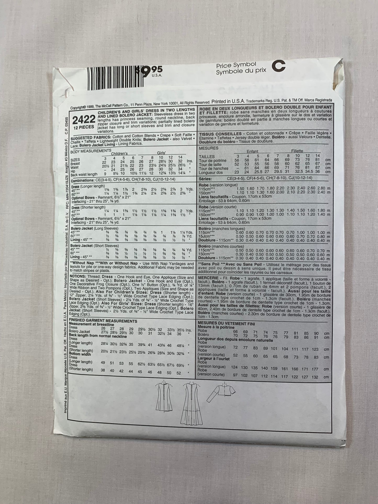 McCall's 2422 Girls' Dress, Lined Bolero, Size 10-14 Uncut, Vintage 1999