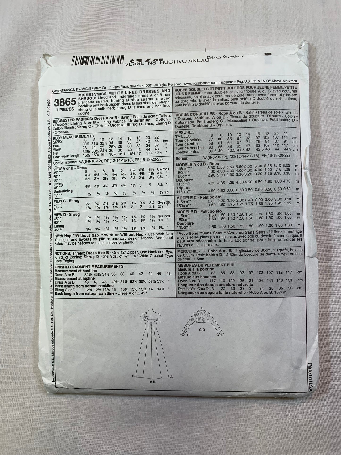 McCall's 3865 Misses'/Miss Petite Lined Dresses. Shrugs, Size 16-22, Cut, 2002 Media 1 of 2