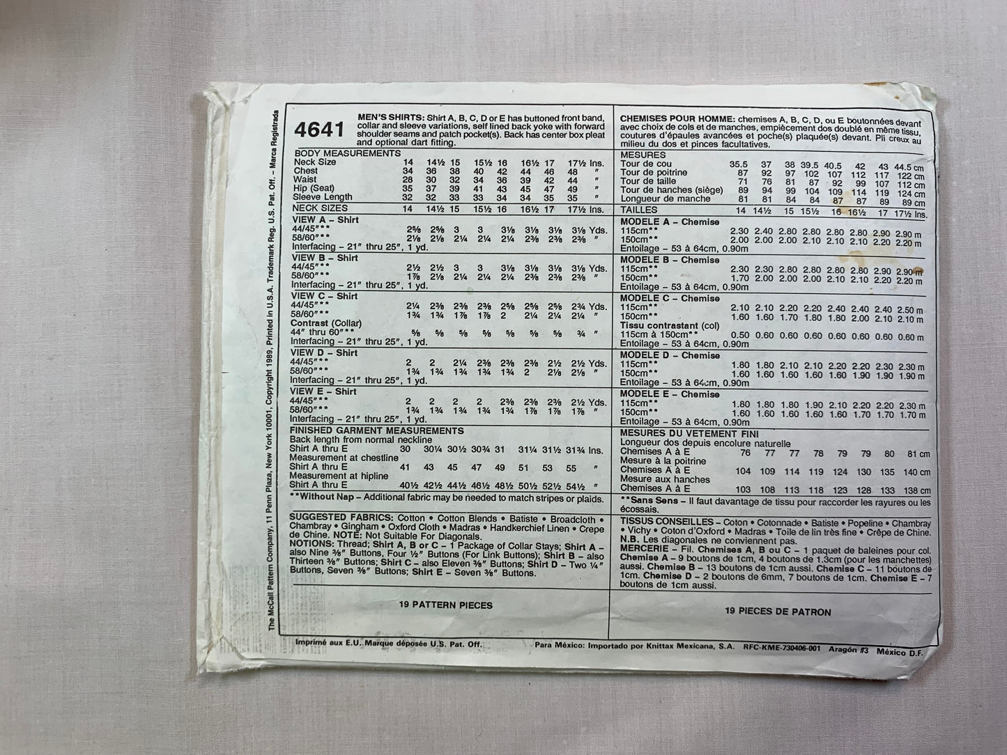 McCall's 4641 Men's Shirt, Size 16, Cut, Vintage 1989