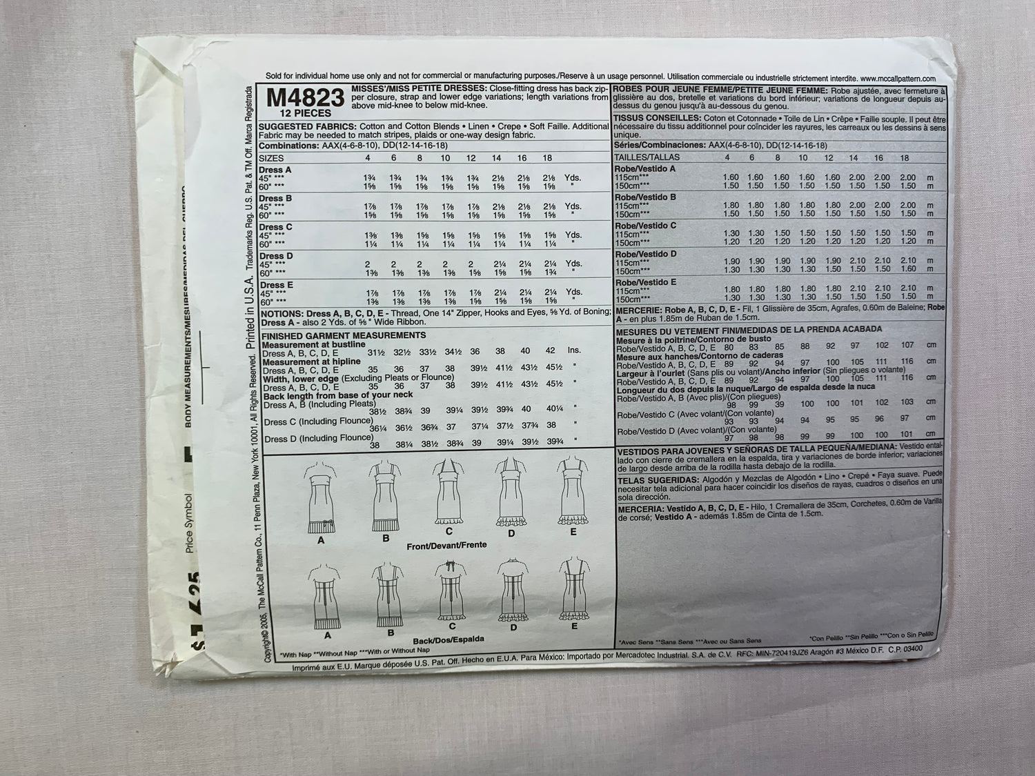 McCall's M4823 Misses'/Miss Petite Dresses, Size 4-10, Cut, 2006