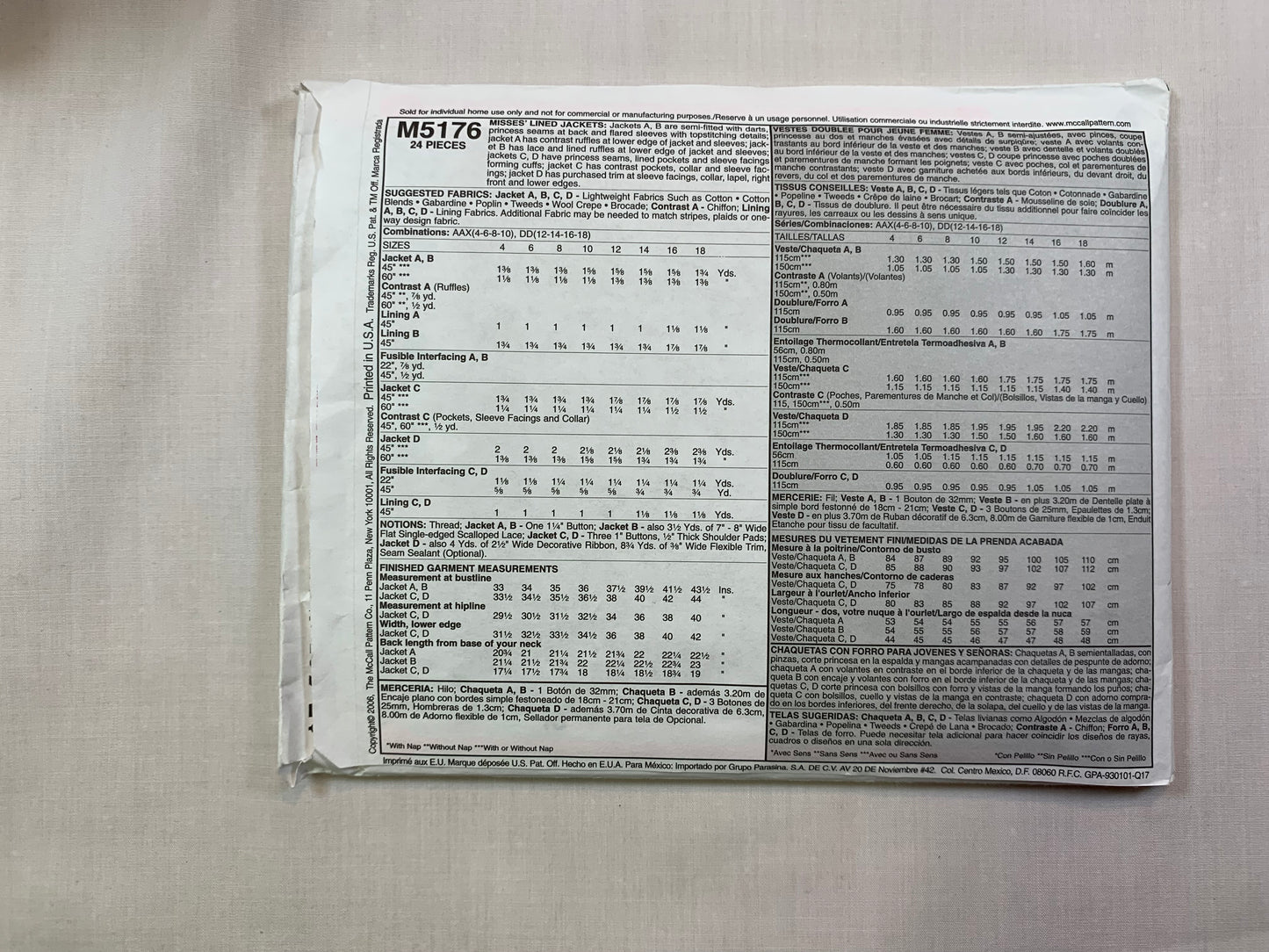 McCall's M5176 Misses' Lined Jackets, Size 4-10, Uncut, 2006