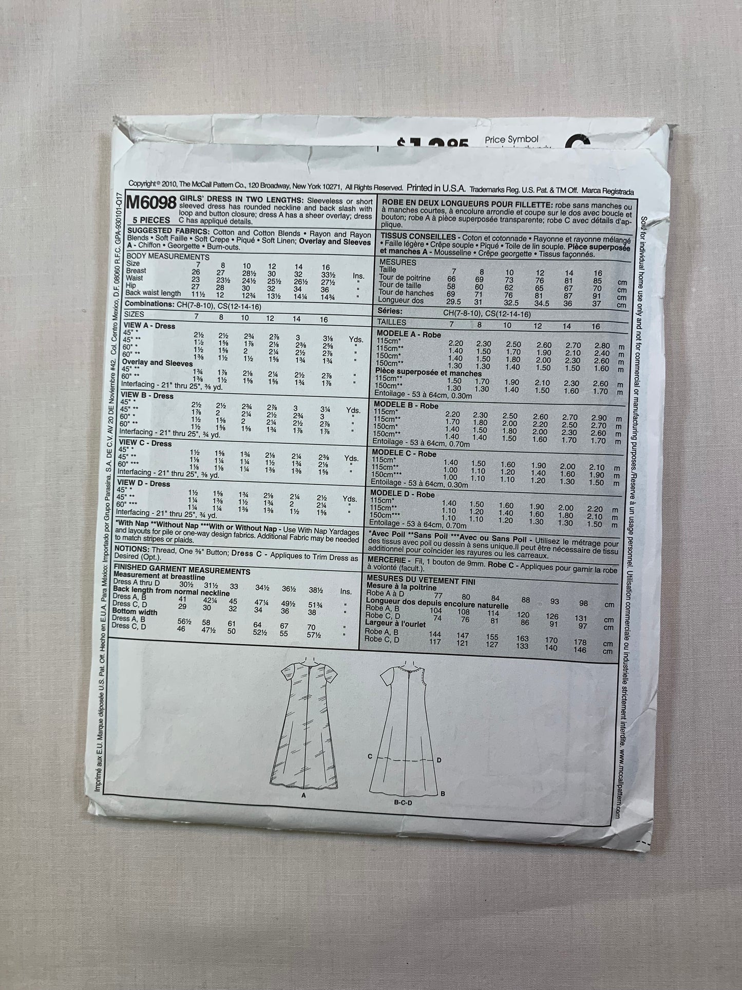 McCall's M6098 Children's Girls' Dresses, Size 12-16, Cut, 2010
