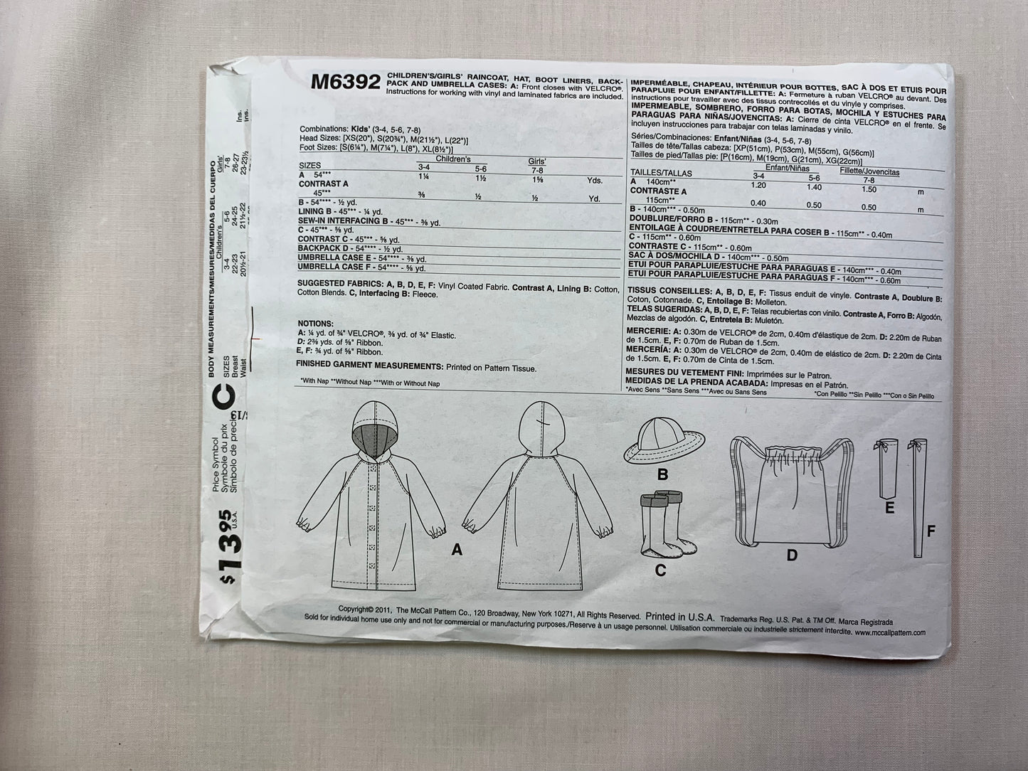 McCall's M6392 Girls' Raincoat, Hat, Boot Liners, Backpack, Umbrella Cases, Size 3-8, Cut, 2010
