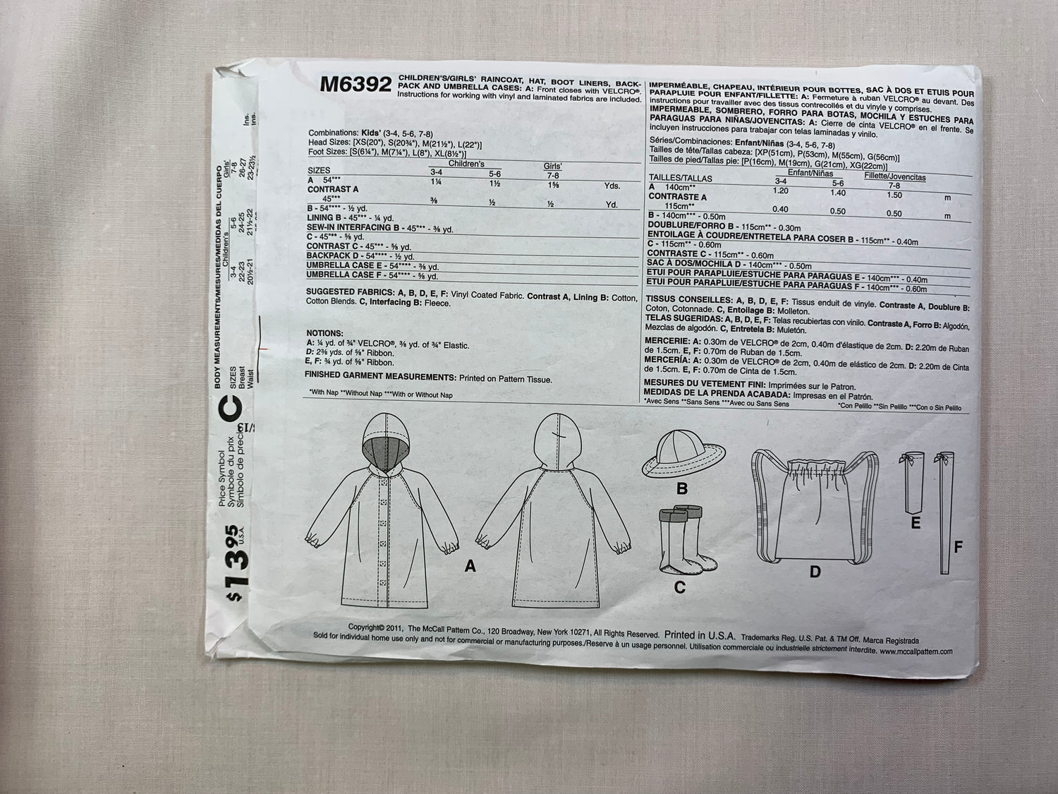 McCall's M6392 Girls' Raincoat, Hat, Boot Liners, Backpack, Umbrella Cases, Size 3-8, Cut, 2010