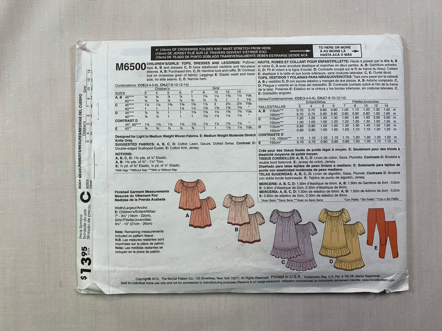 McCall's M6500 Girls' Tops, Dresses, Leggings, Size 3-6, Cut, 2012