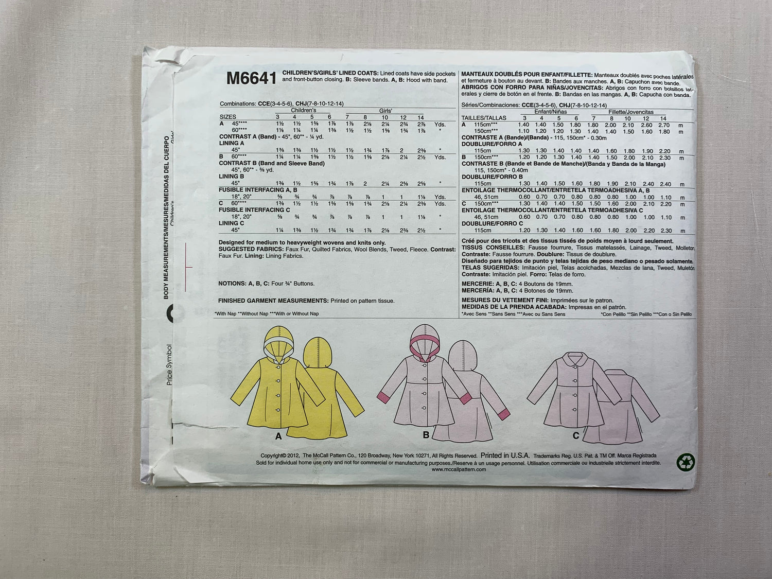 McCall's M6641 Children's, Girls' Lined Coats, Size 3-6, Uncut, 2012