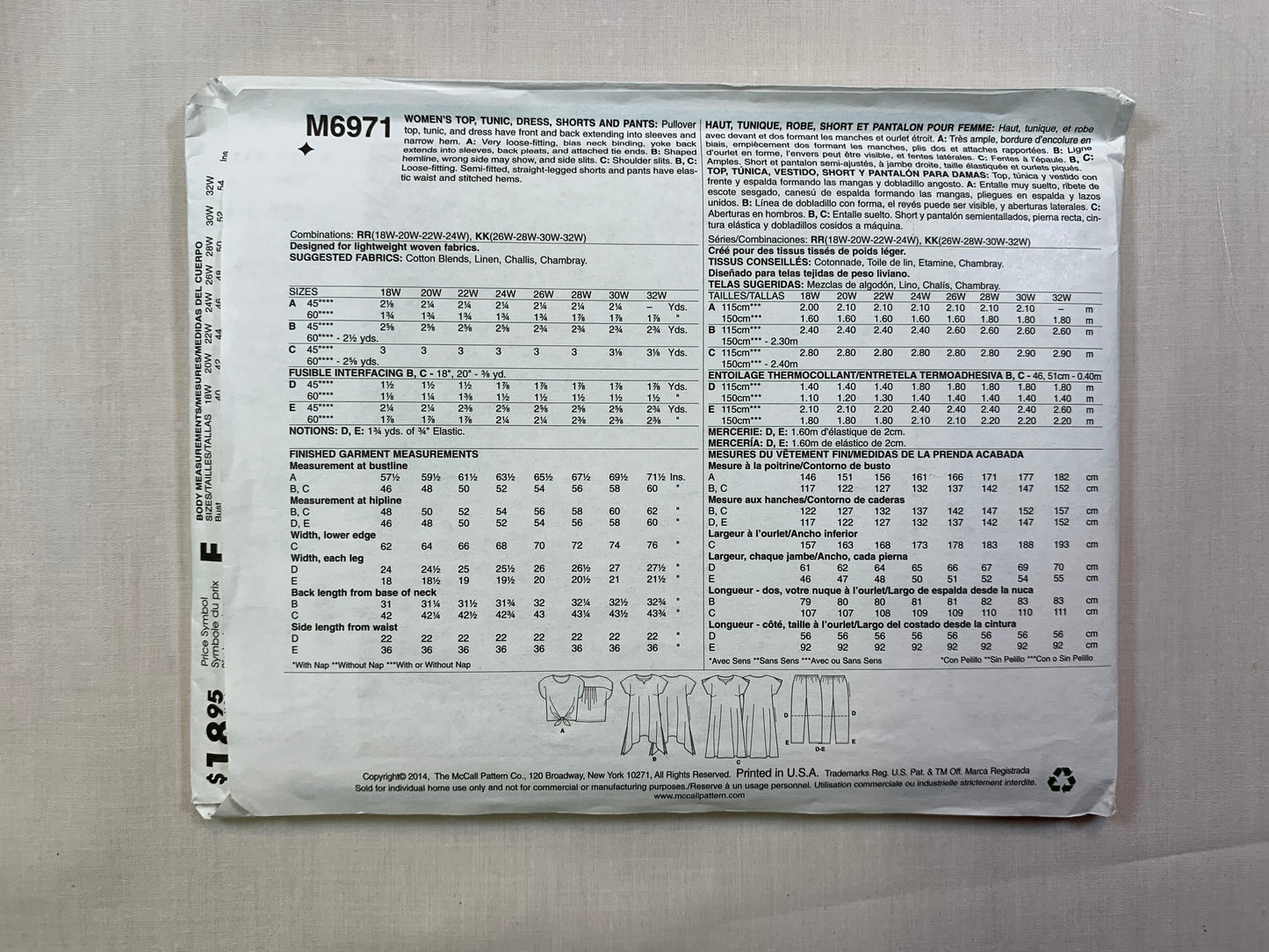 McCall's Sewing Pattern M6971 Misses' Tops Tunic, Dress, Short, Pants, Size 26W-32W, Cut, 2014