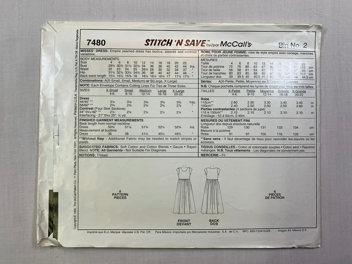 McCall's Stitch 'N Save 7480 Misses' Dresses, Size 4-10, Uncut, Vintage 1996