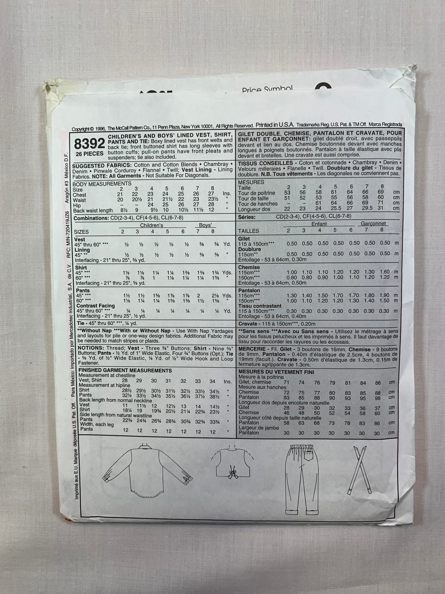 McCall's 8392 Children's, Boys' Vest, Pants, Shirts, Tie Size 2-4, Uncut, Vintage 1996