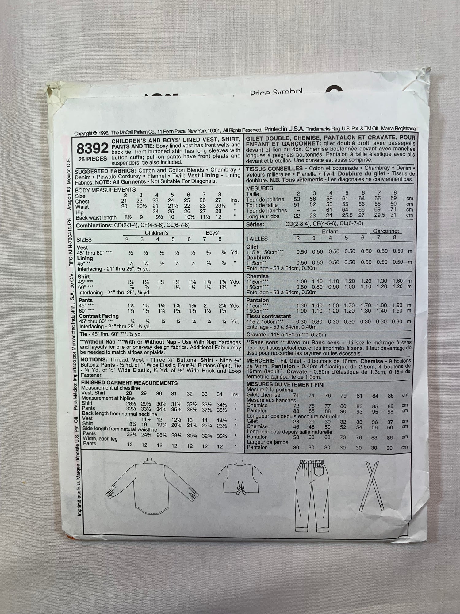 McCall's 8392 Children's, Boys' Vest, Pants, Shirts, Tie Size 2-4, Uncut, Vintage 1996