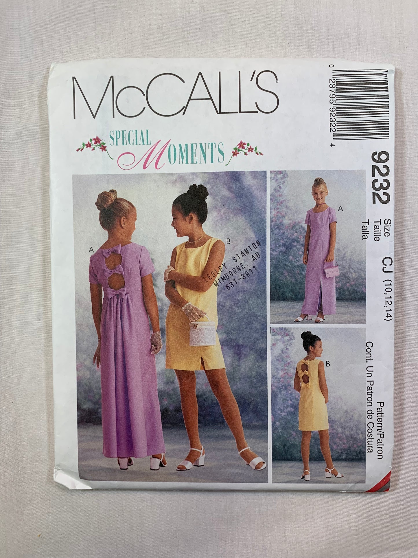 McCall's 9232 Girls' Lined Dress, Size 10-14, Uncut, Vintage 1998