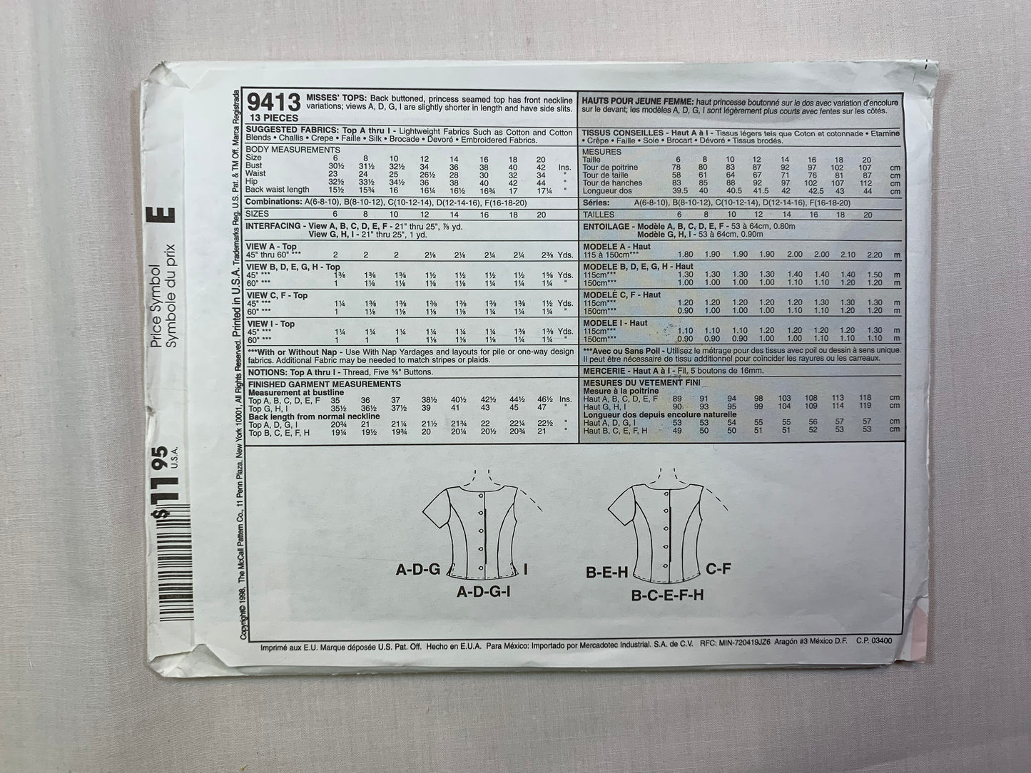 McCall's 9413 Misses' Tops, Size 8-12 Uncut, Vintage 1998