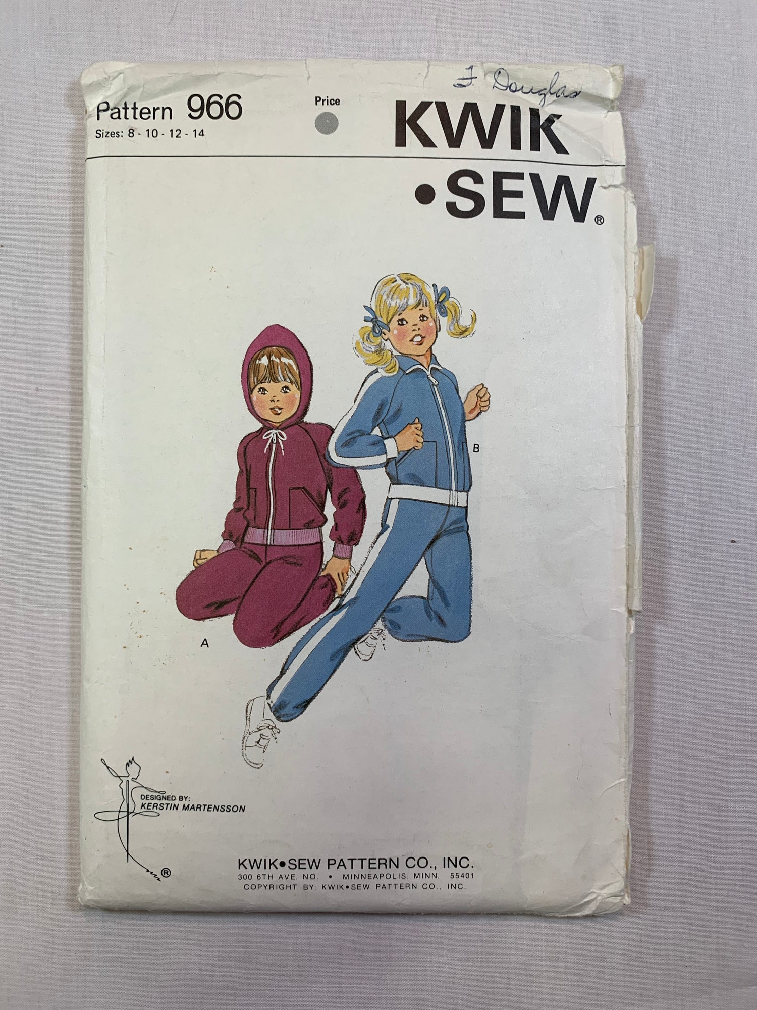 KWIK 966 Girl's Jogging Suit, Top, Pants, Hood, Size 8-14, Cut, Vintage 1992
