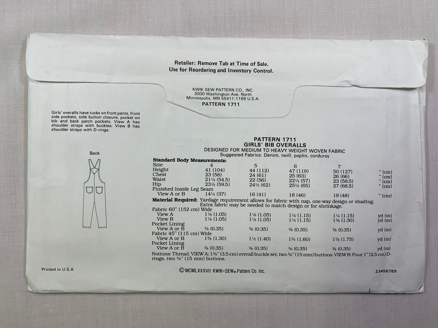 KWIK 1711 Girls' Bib Overalls, Size 4-7, Uncut, Vintage 1988