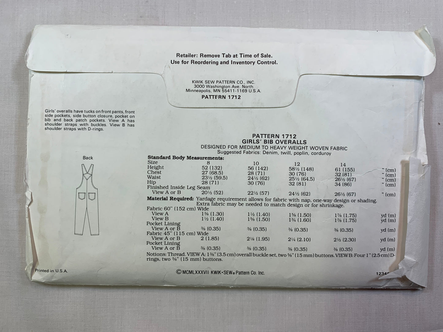 KWIK 1712 Girls' Bib Overalls, Size 8-14, Uncut, Vintage 1988