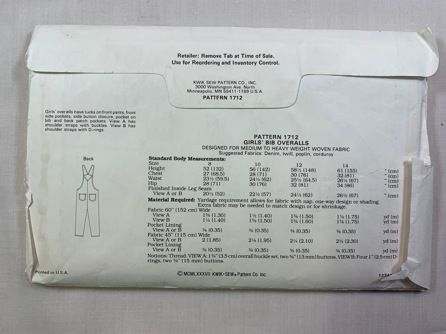 KWIK 1712 Girls' Bib Overalls, Size 8-14, Uncut, Vintage 1988